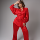 Red satin trousers