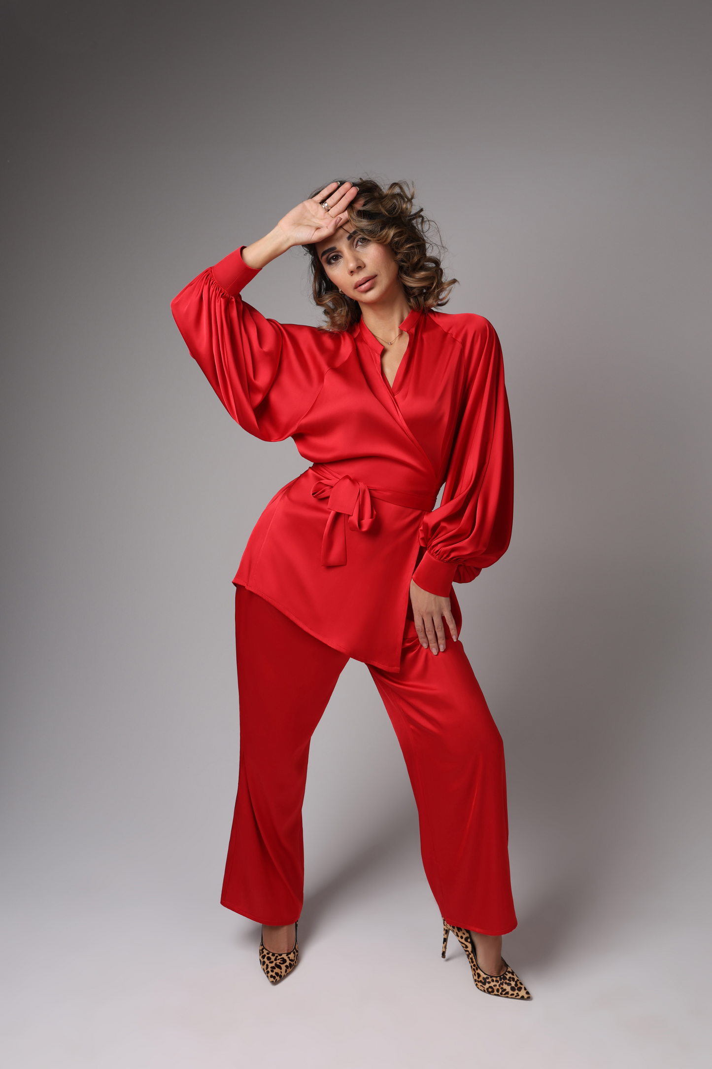 Red satin trousers