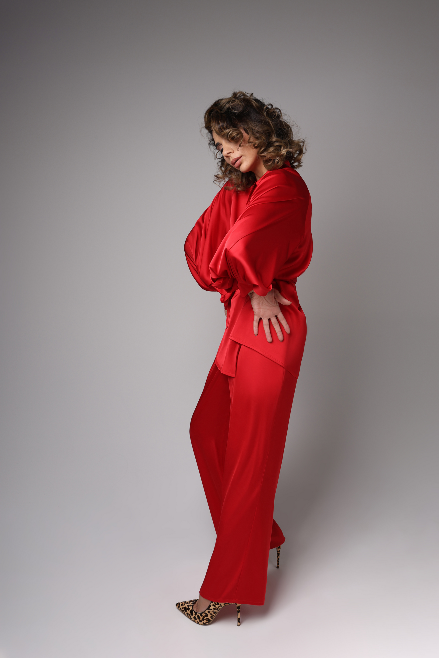 Red satin trousers