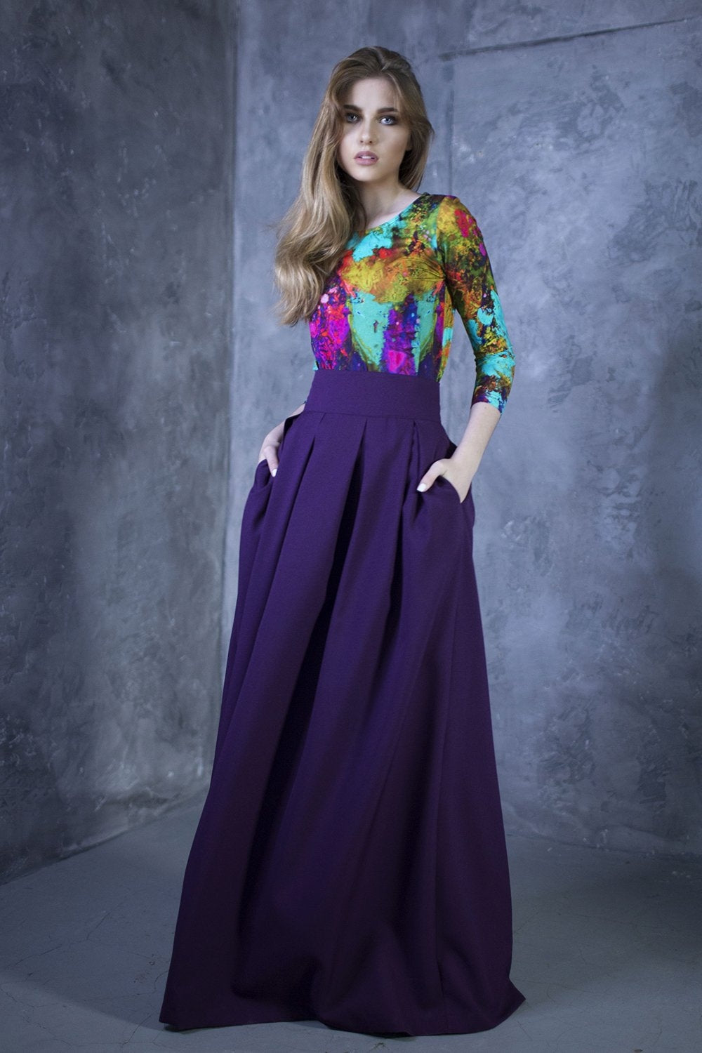 Dark purple full maxi skirts with side pockets