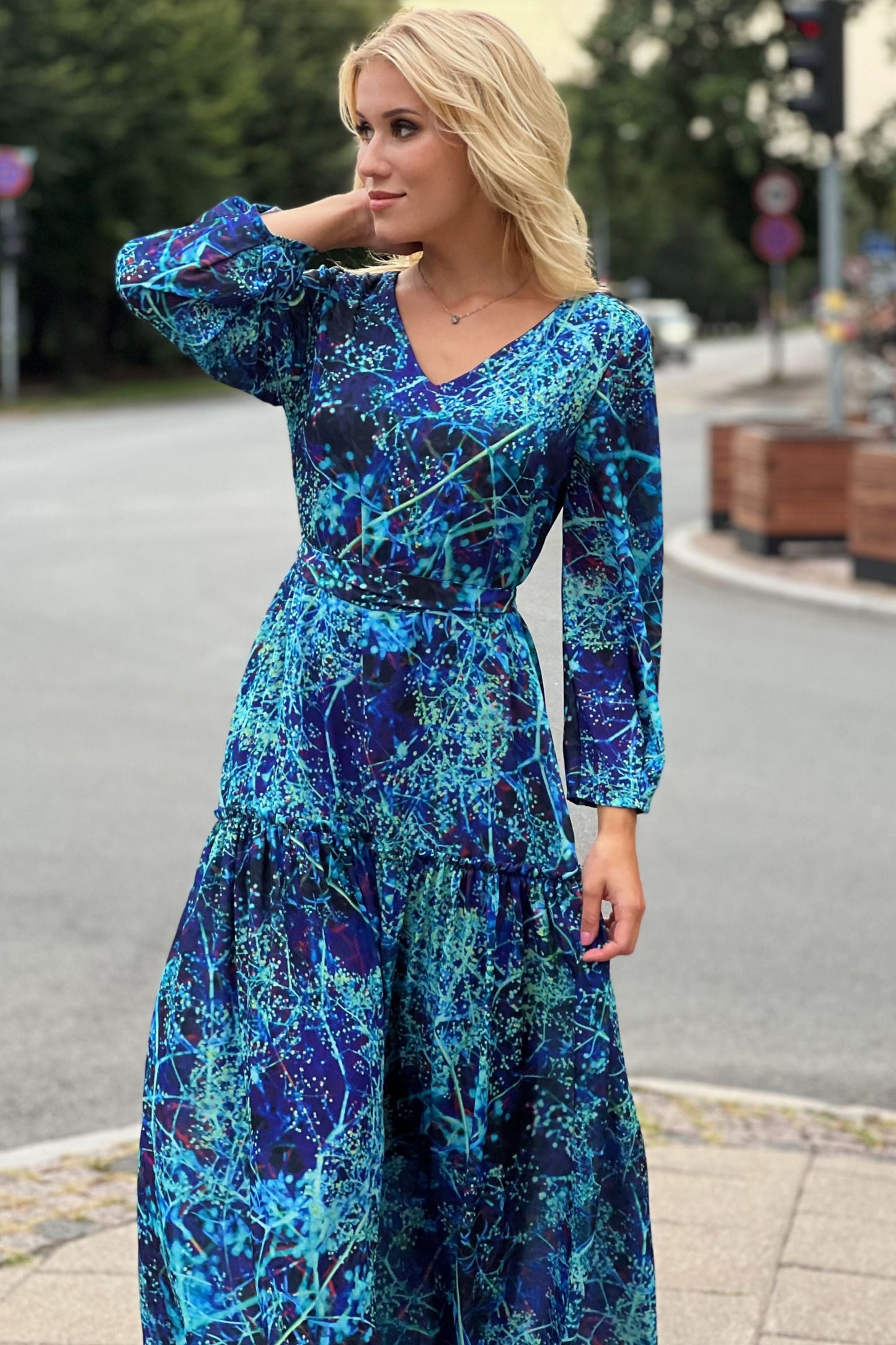 Long chiffon maxi dress with turquoise floral print