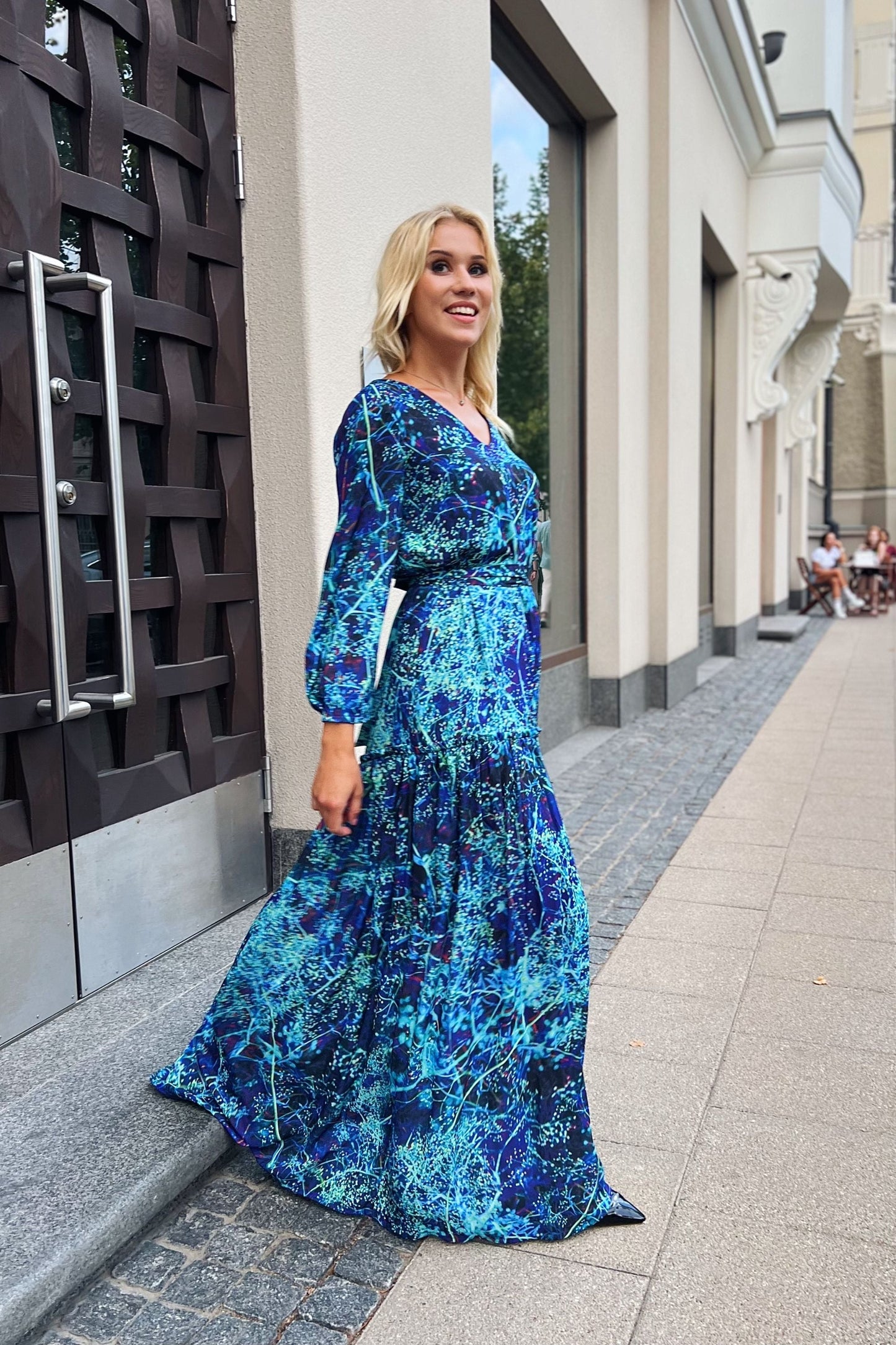 Long chiffon maxi dress with turquoise floral print