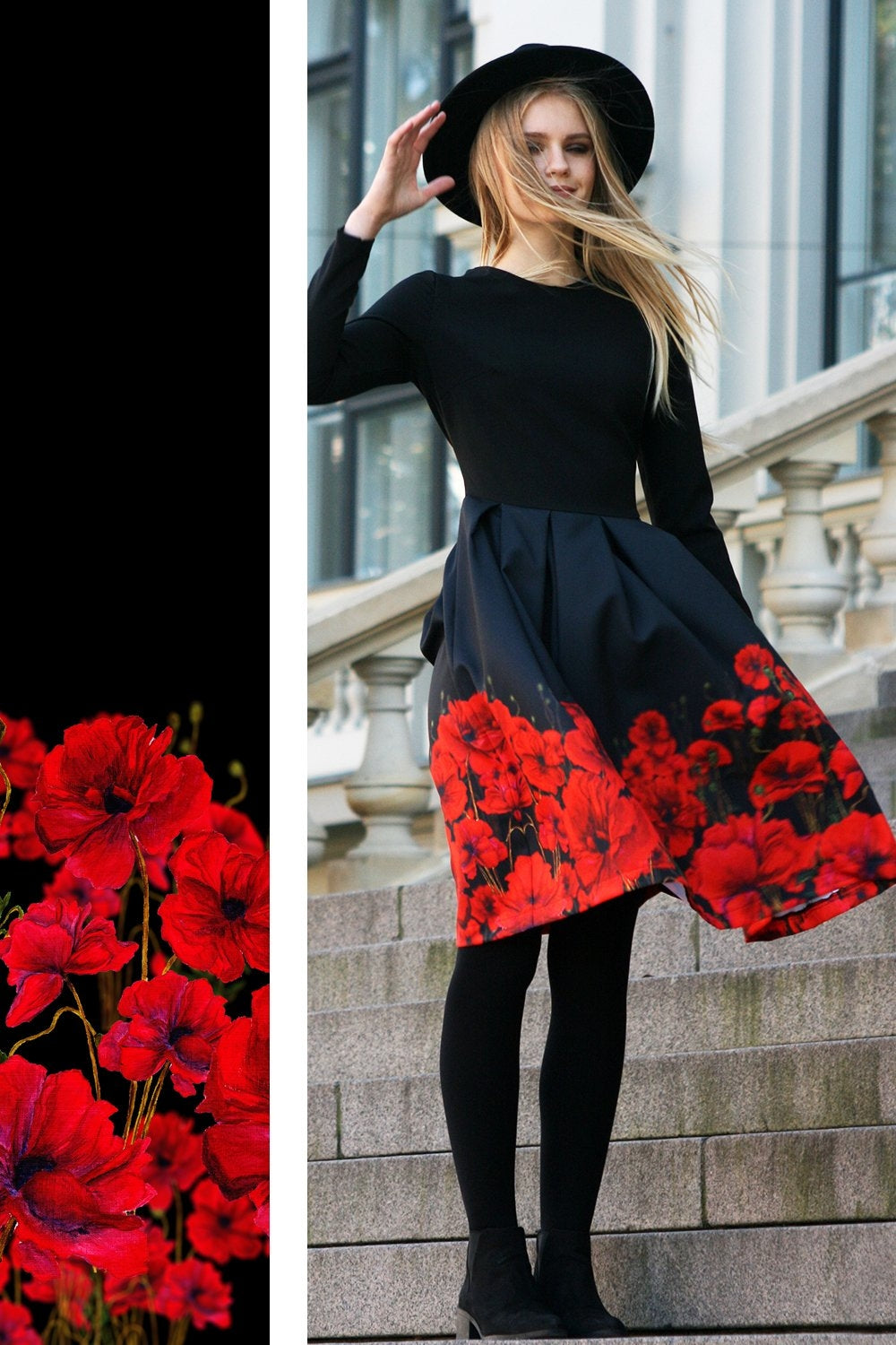 Black dress with poppies hotsell